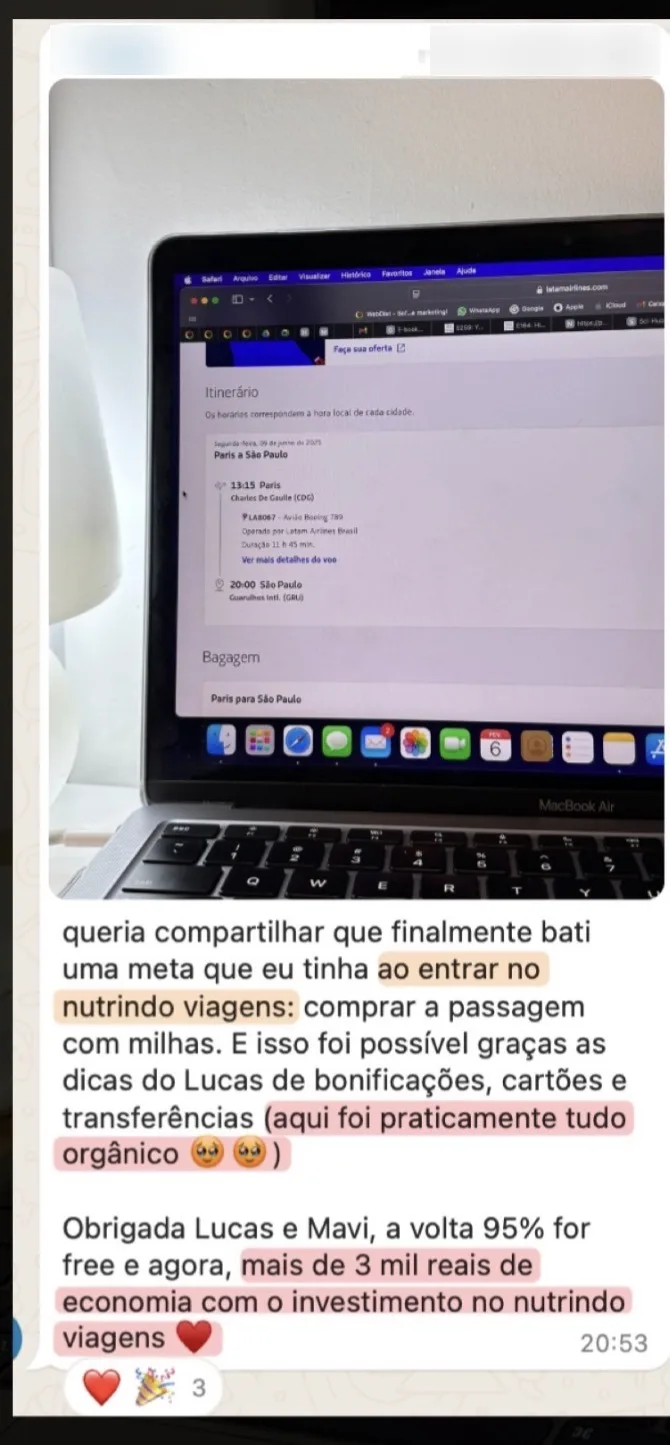 Depoimento de aluna mostrando emissão real para Paris com R$ 3 mil de economia